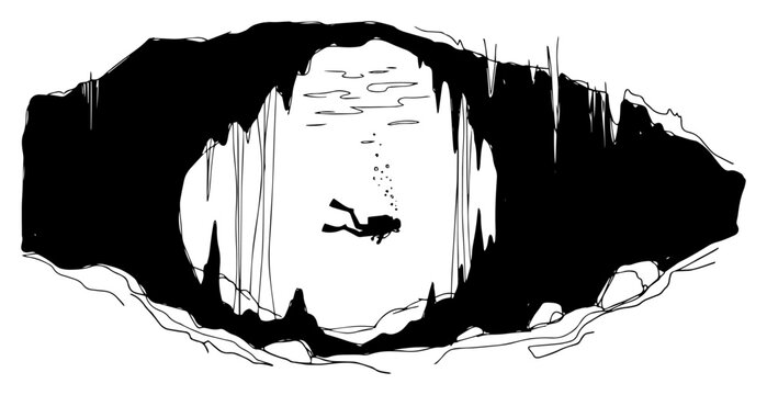 Scuba diver exploring a deep underwater cave with stalactites in minimalist hand drawn sketch style
