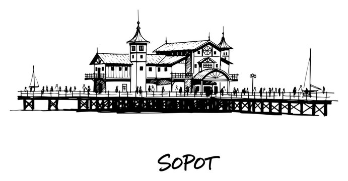 Sopot wooden pier with ornate building and walking tourists on the seaside at baltic sea coast hand drawn sketch style