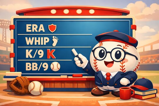 Cute baseball character professor explaining pitching statistics ERA WHIP K9 BB9 on a scoreboard at a stadium.
