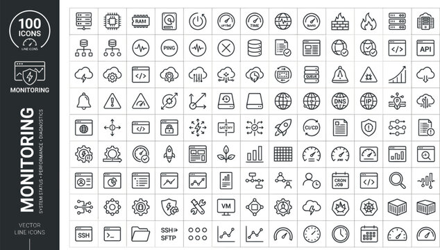 A collection of 100 monitoring icons in a vector line style for use in digital applications and software development. AI, eps, png, jpg. transparent background.