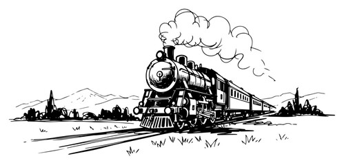 Vintage steam locomotive traveling through the countryside in hand drawn sketch style © Katarzyna