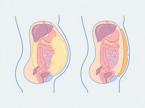 A medical illustration comparing visceral fat surrounding internal organs and subcutaneous fat under the skin in the male abdomen, showing liver, intestines, and bladder in cross-section.