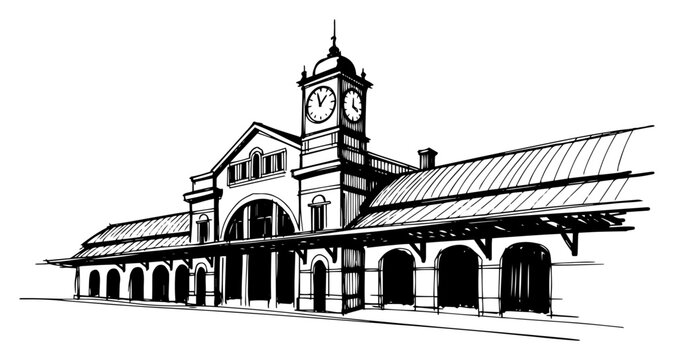 Train station building with clock tower in architectural hand drawn sketch style