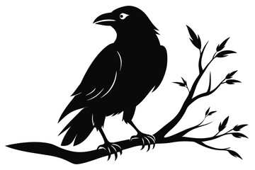 Obraz premium crow setting on a branch silhouette line art vector illustration with a white background