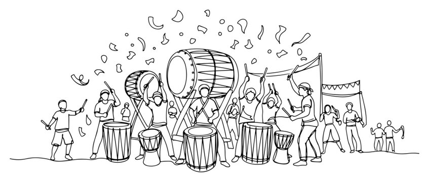 People playing percussion drums in a festive celebration with confetti in continuous one line art style