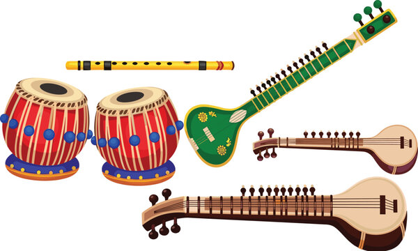 Detailed Collection of Colorful Traditional Indian Musical Instruments Featuring Sitar Tabla and Bansuri FluteDetailed Collection of Colorful Traditional Indian Musical Instruments Featuring Sitar Tab
