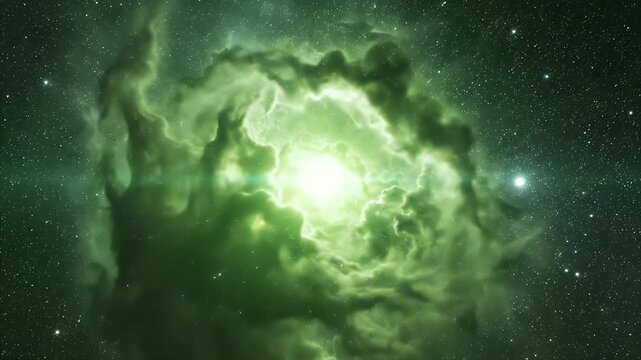 Vibrant Green Nebula Swirls with Stars in Deep Space.