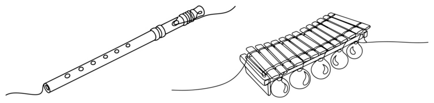 Woodwind flute and percussion xylophone musical instruments in continuous one line art style