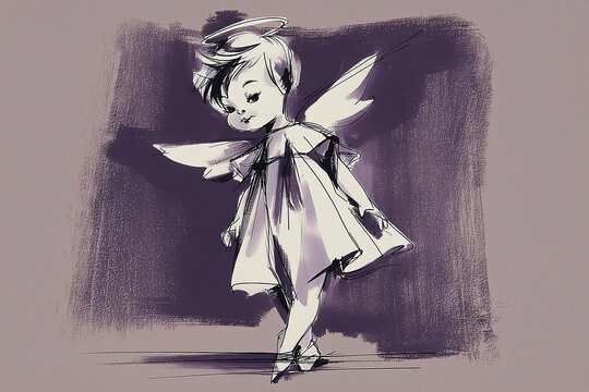 Angelot avec aur&eacute;ole et ailes sur fond mauve, visuel pour communion, bapt&ecirc;me, d&eacute;c&egrave;s d&rsquo;enfant, faire-part de naissance, papeterie religieuse, hommage et carte de condol&eacute;ances