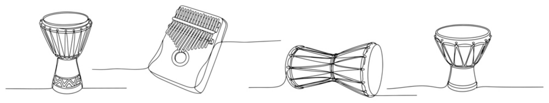 Ethnic percussion instruments including djembe and kalimba thumb piano in continuous one line art style