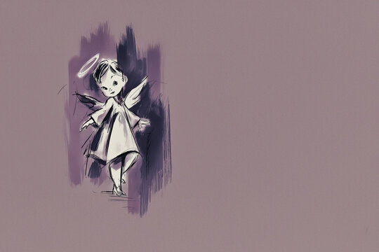 Angelot avec aur&eacute;ole et ailes sur fond mauve avec espace n&eacute;gatif copyspace, visuel pour communion, bapt&ecirc;me, d&eacute;c&egrave;s d&rsquo;enfant, faire-part de naissance et papeterie religieuse