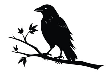 Naklejka premium crow setting on a branch silhouette line art vector illustration with a white background