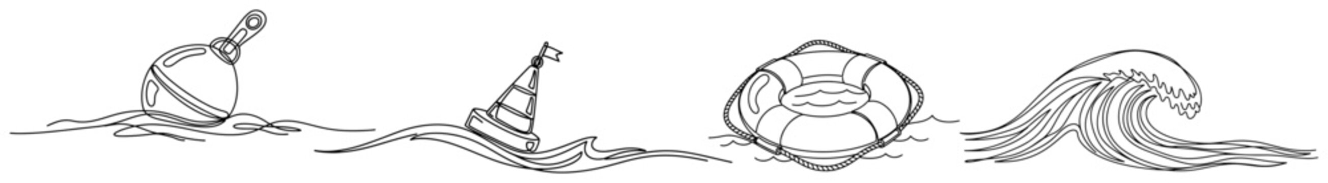 Nautical set with buoy life ring and sea waves in continuous one line drawing style