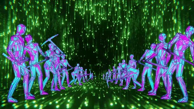 Neon miners stride through digital rain.