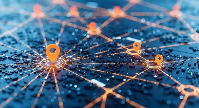 A glowing orange network map with location pins on a dark blue background representing connectivity and navigation