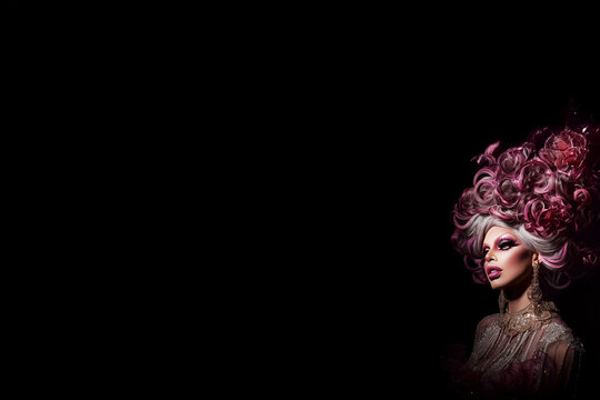 Drag queen au portrait sur fond noir avec coiffure sculpturale rose et maquillage glamour, grand espace n&eacute;gatif copyspace, visuel pour spectacle, cabaret, mode, fiert&eacute; et affiche &eacute;v&eacute;nementielle