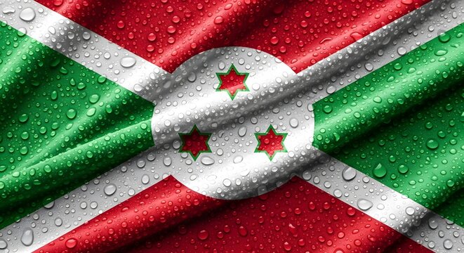 Burundi flag with water droplets, showcasing its national colors and symbols on a textured, wet fabric.