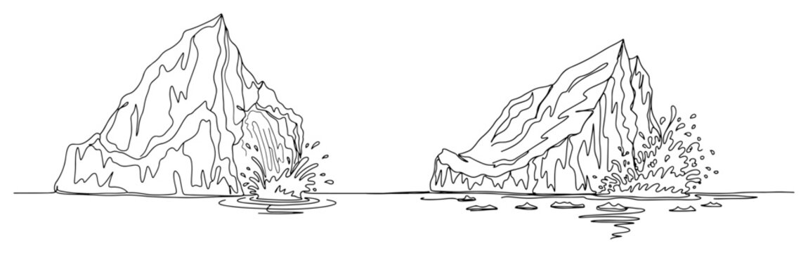 Floating icebergs in ocean water with splashes in continuous one line art style