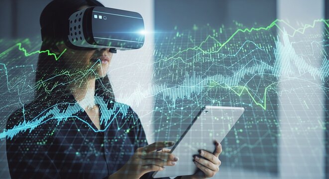 Woman in VR headset using tablet with futuristic stock market data visualization in augmented