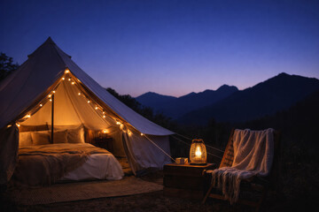 Outdoor glamping scene with cozy tent and string lights during dusk © dvoevnore