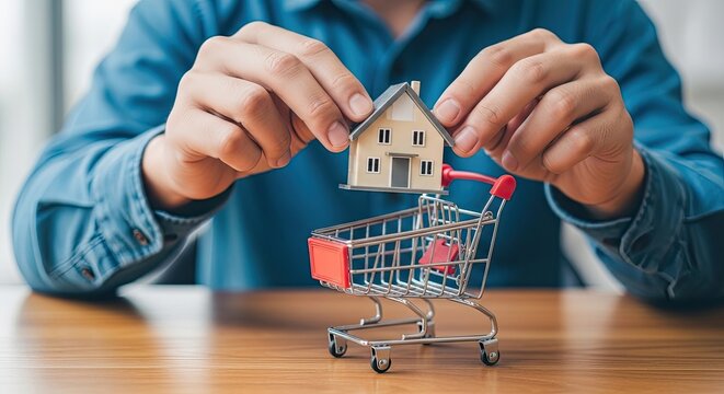 Person hands holding small house model above shopping cart representing real estate investment and property market.