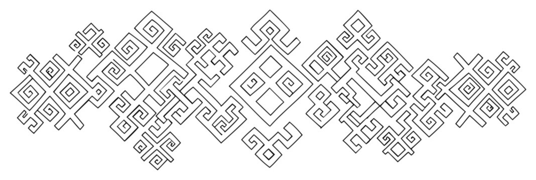 Geometric ethnic border pattern with intricate square knotwork and traditional folk embroidery motifs