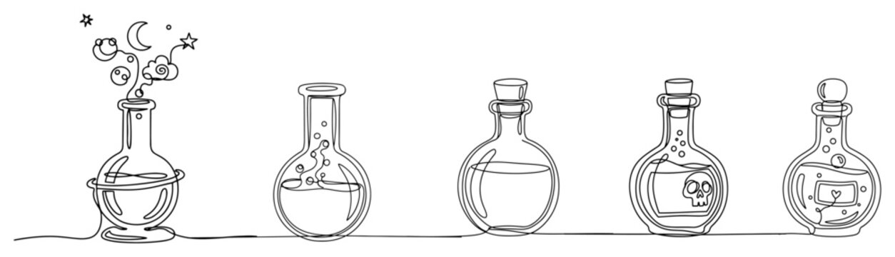 Magic potion bottles and alchemy flasks with mystical symbols continuous line art style
