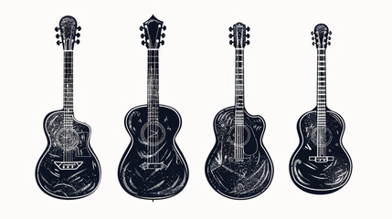 Fototapeta premium Four acoustic guitars in varying shapes and styles against a white background