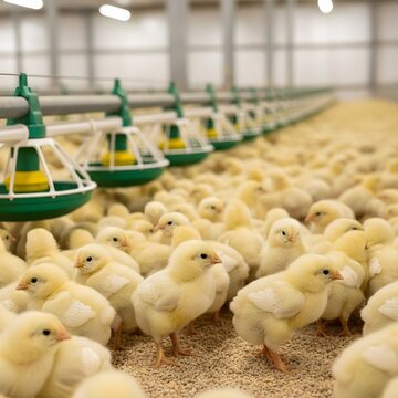 Fluffy Yellow Chicks Close-Up in Bright Industrial Chicken Coop: Young Poultry Crowd, Automated Green Feeders