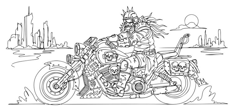 Post-apocalyptic raider riding a customized motorcycle through a destroyed city wasteland in line art style