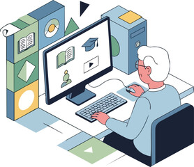 Naklejka premium Senior Man Engaging in Online Learning and E-Education at Computer Desk Isometric Illustration