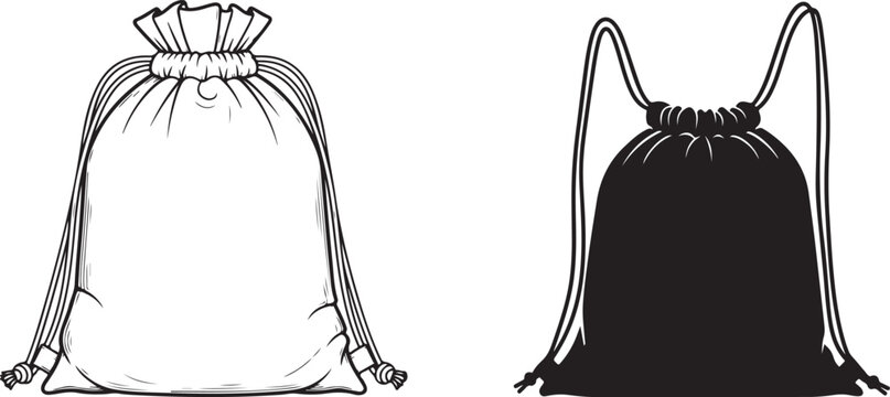 black drawstring bag pouch illustrations isolated on a white background.