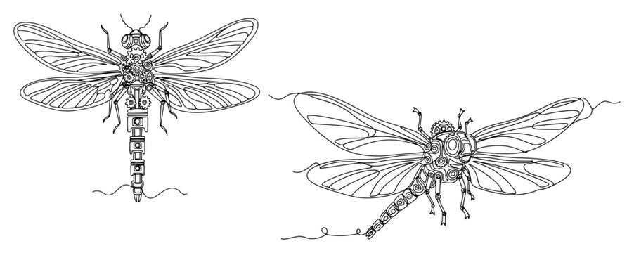Steampunk mechanical dragonfly with gear wings and clockwork body in continuous line drawing style