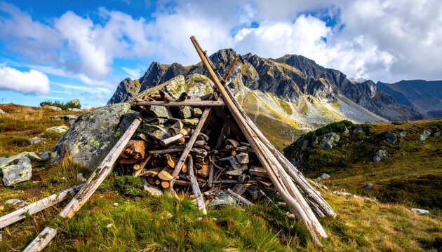 A crudely constructed lean to shelter made of scavenged wood and debris against a mountainous backdrop