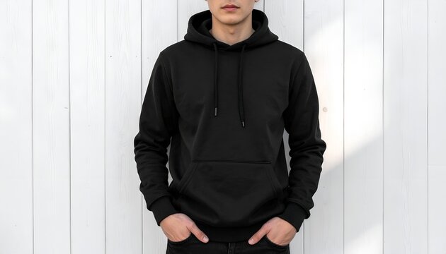 Man Wearing a Black Hoodie with Hands in Pocket, Casual Fashion and Style Against White Wooden Wall