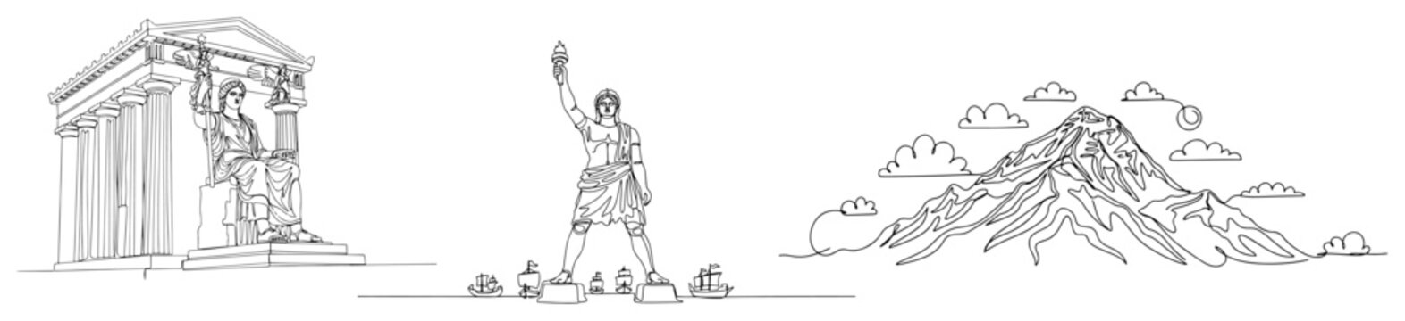 Statue of Zeus and Colossus of Rhodes wonders of the world in continuous line drawing style