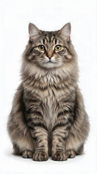 Scientific photorealistic illustration of a Siberian cat sitting, facing directly forward, front view