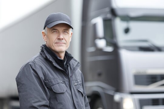 professional truck driver portrait standing near modern truck