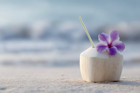 Fresh young coconut drink with straw and tropical flower placed on beach sand with ocean background