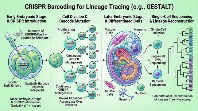 A scientific illustration of CRISPR barcoding for lineage tracing in early embryonic development
