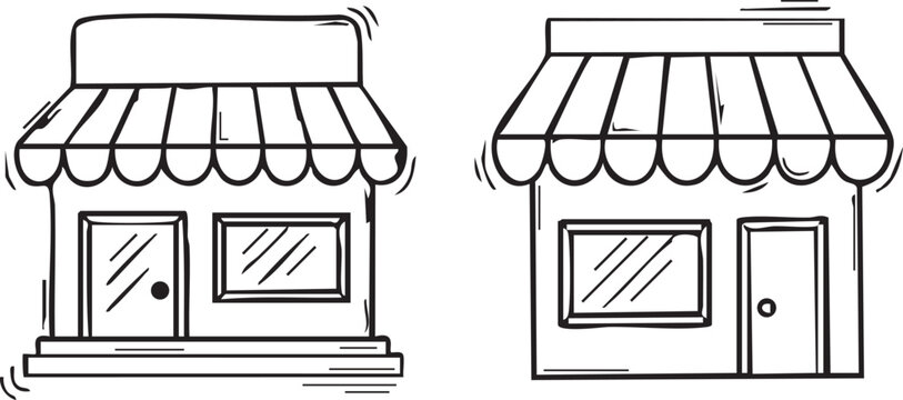 Hand drawn doodle shop storefront icon set with striped awning for small business commerce and retail marketing