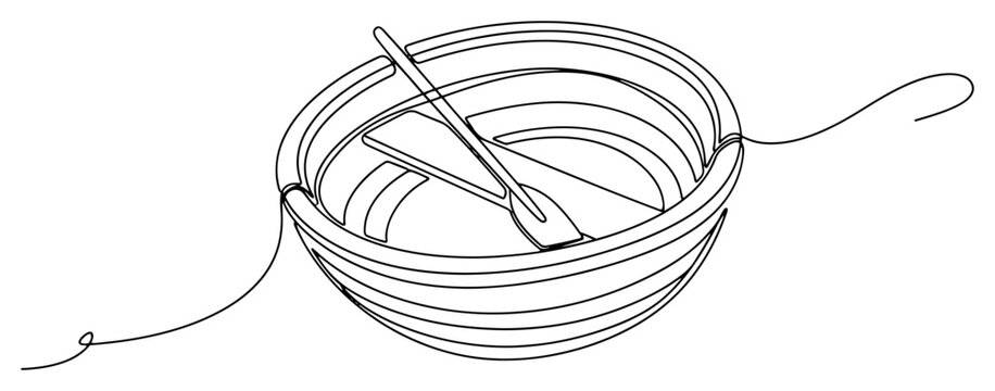 Small wooden coracle boat with oars in continuous line art style