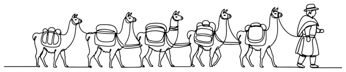 Fototapeta premium Llama caravan carrying packs led by person in continuous line art style