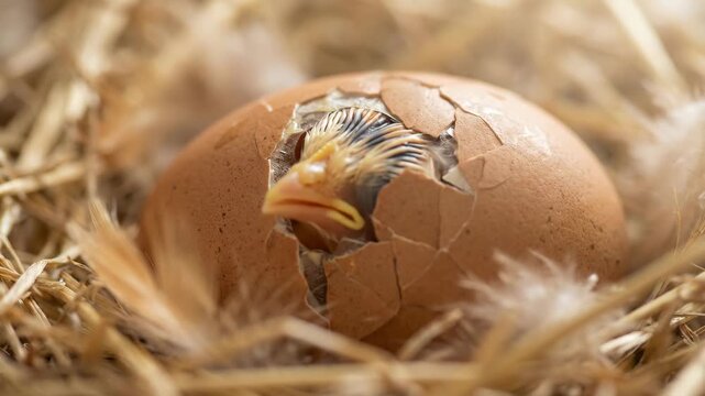 Baby chick hatching from egg in cozy nest with straw and feathers.