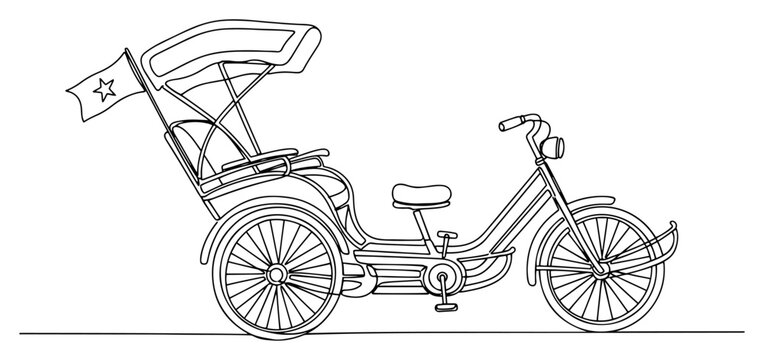 Traditional cyclo rickshaw with vietnam flag in continuous line drawing style