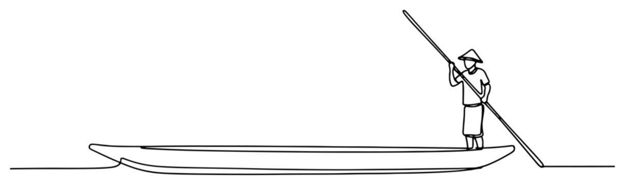 Man paddling traditional long boat in continuous line drawing style