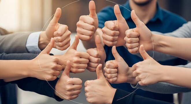 Thumbs up gesture of a group of people showing approval and agreement.