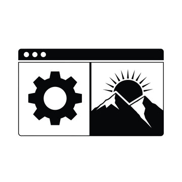 A black and white illustration depicts a browser window split into two sections a settings gear and a mountain sunrise