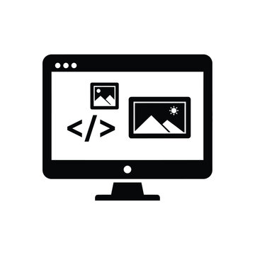 A black outline of a computer monitor displaying images and code representing web development or digital content high quality professional