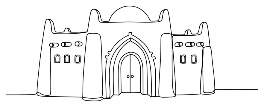 West African mud architecture building with arched entrance in continuous line art style